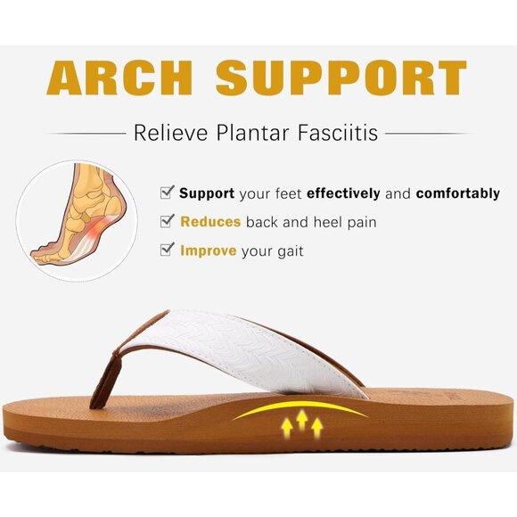 👑Men\'s Flip Flop Sandal Khaki White Leather Slip On Arch Support Comfort Shoes